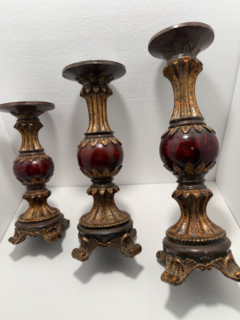 Vintage Set of 3 Ornate Candlestick Holders – Dark Wood & Burgundy with Gold Acc